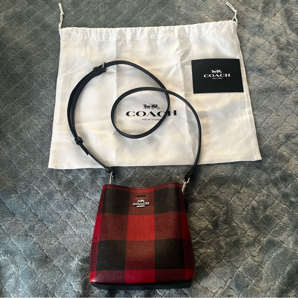 NWOT Coach Red and Black Plaid Crossbody bucket Bag